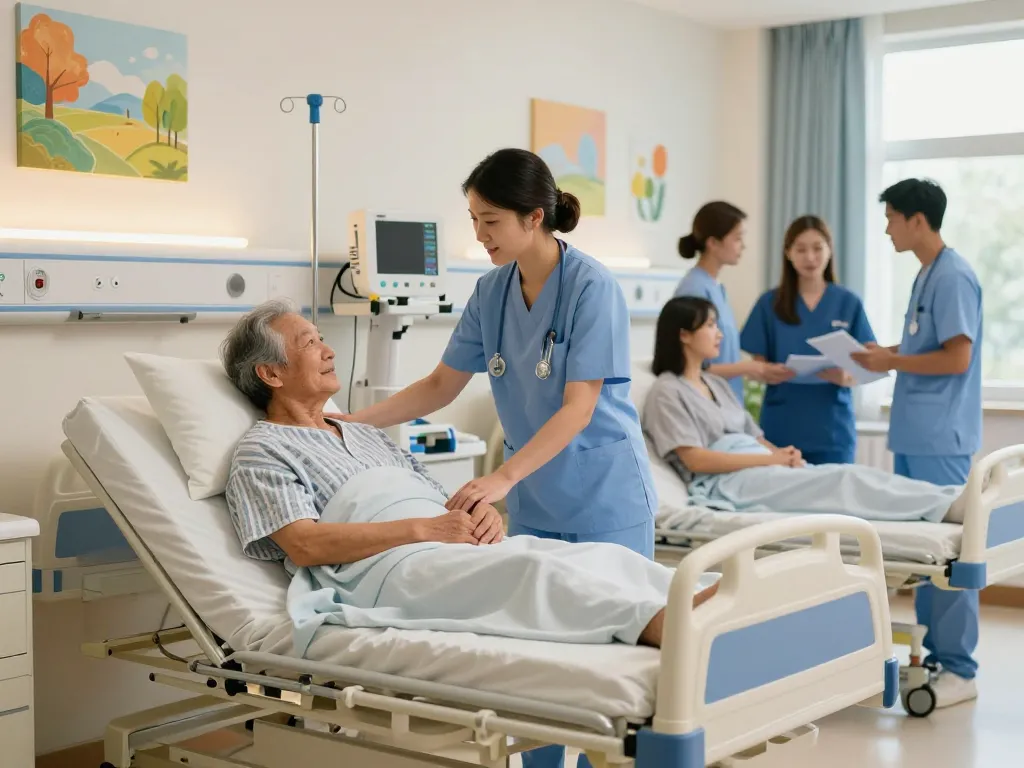 Supportive nurse adjusting giường bệnh nhân for elderly patient in a care setting