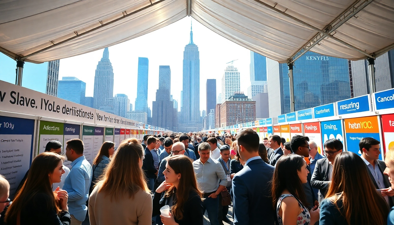 Job seekers networking at a New York City job fair, showcasing new york jobs opportunities in a vibrant setting.