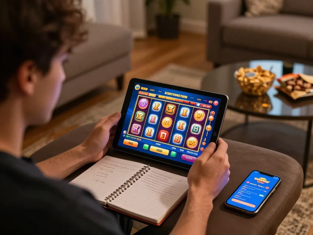 Player enjoying slot gacor pagi ini online with tablet displaying vibrant games and strategies.