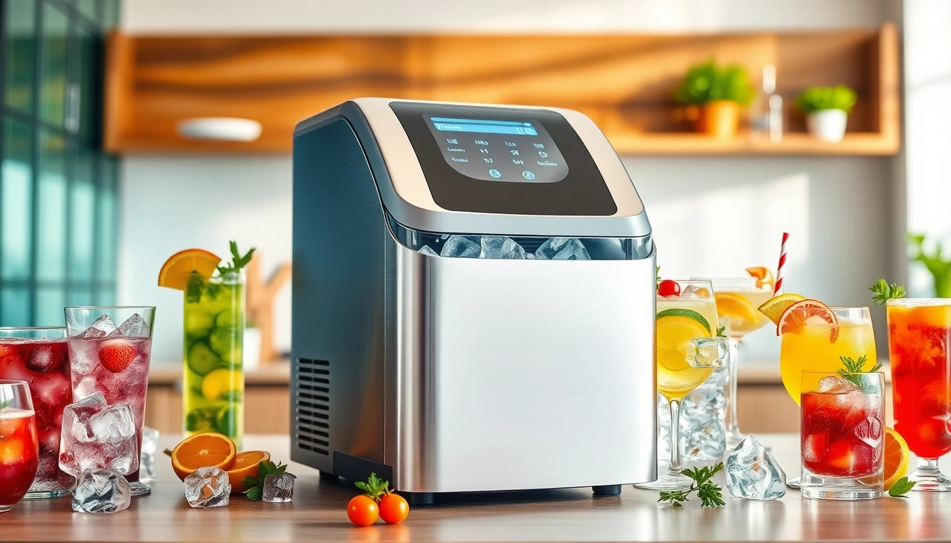 Efficient ice maker producing crystal-clear ice for refreshing drinks in a modern kitchen.
