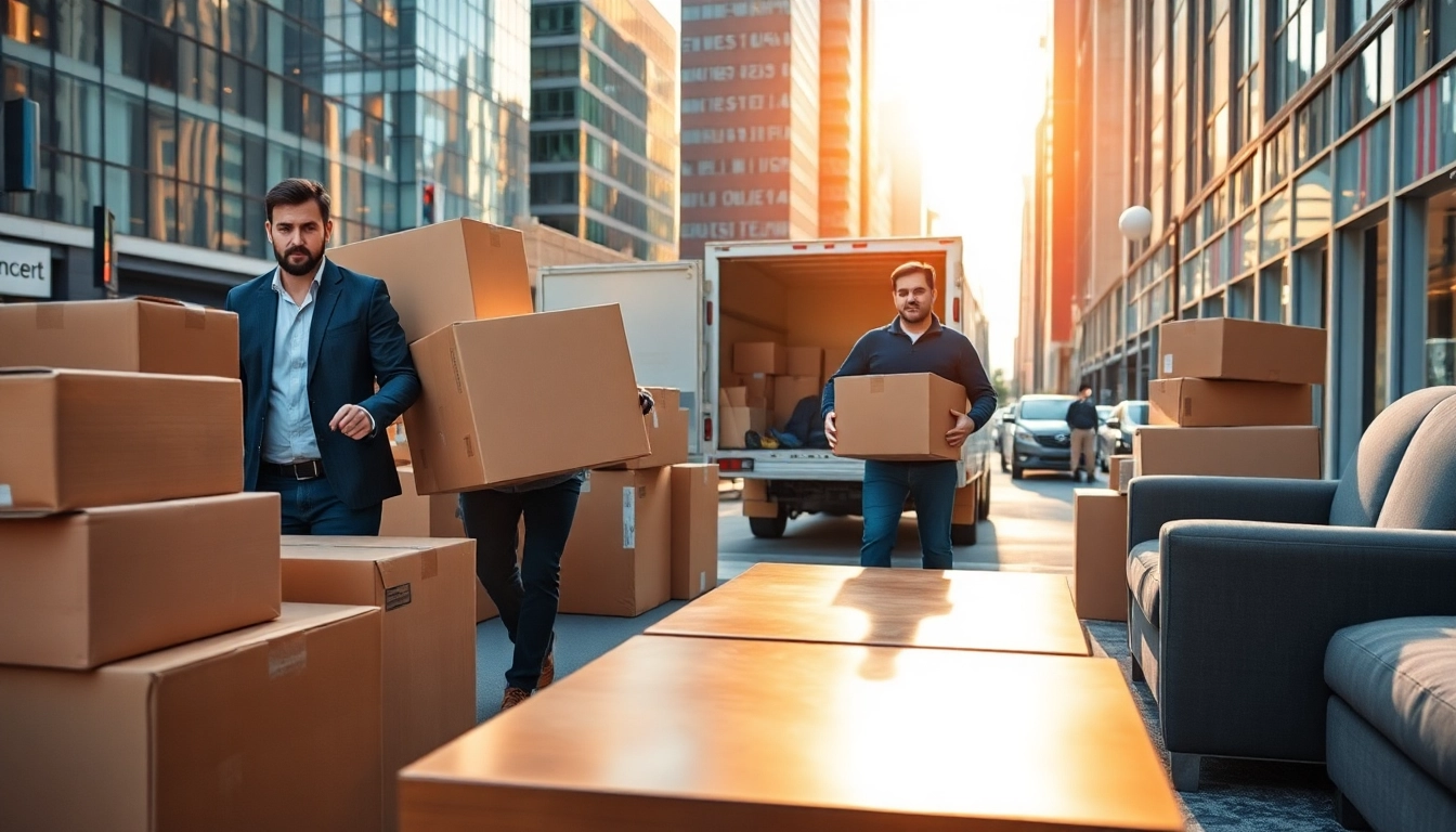 Efficient team providing Toronto moving services with boxes and a truck in an urban environment.