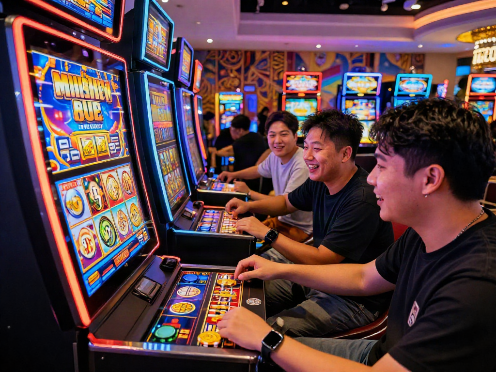 Players enjoying thrilling slot jepang experience at a modern casino with vibrant machines and joyful expressions.