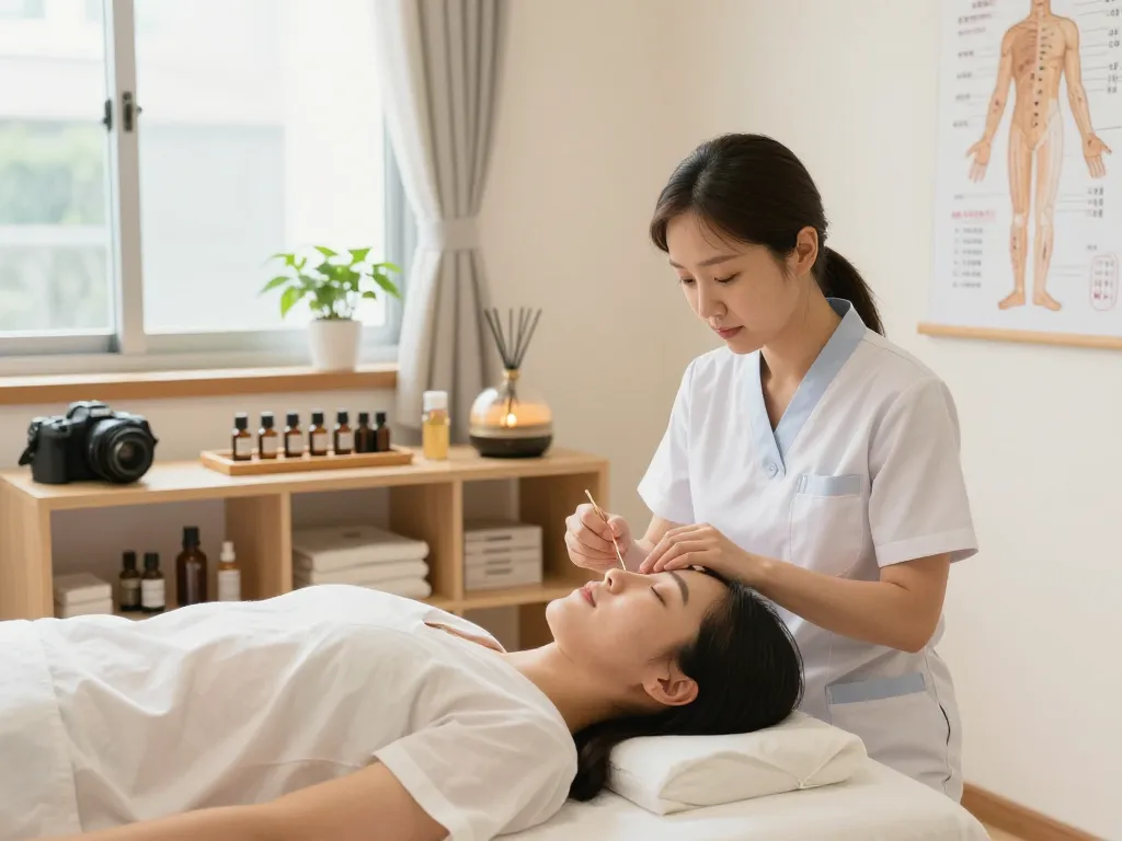 Relaxing treatment at 수원한의원 with an acupuncturist guiding a patient in a soothing environment.