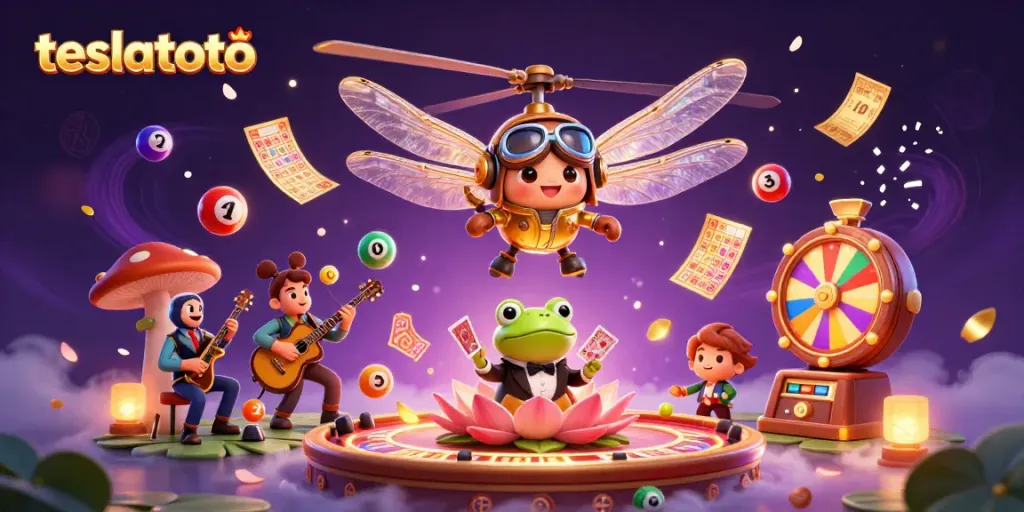 Engage with teslatoto at the dynamic lily pad casino showcasing lottery thrills and vibrant characters.