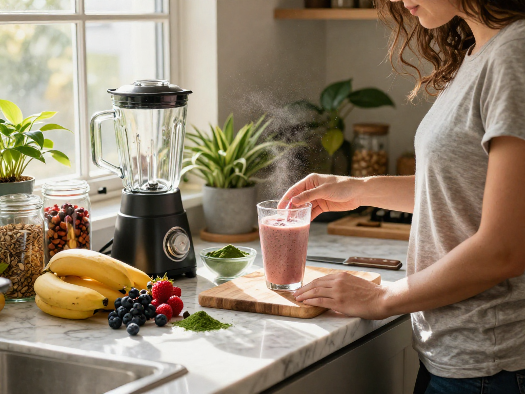 Preparing a vegan astaxanthin supplement smoothie in a bright kitchen with fresh fruits and seeds.