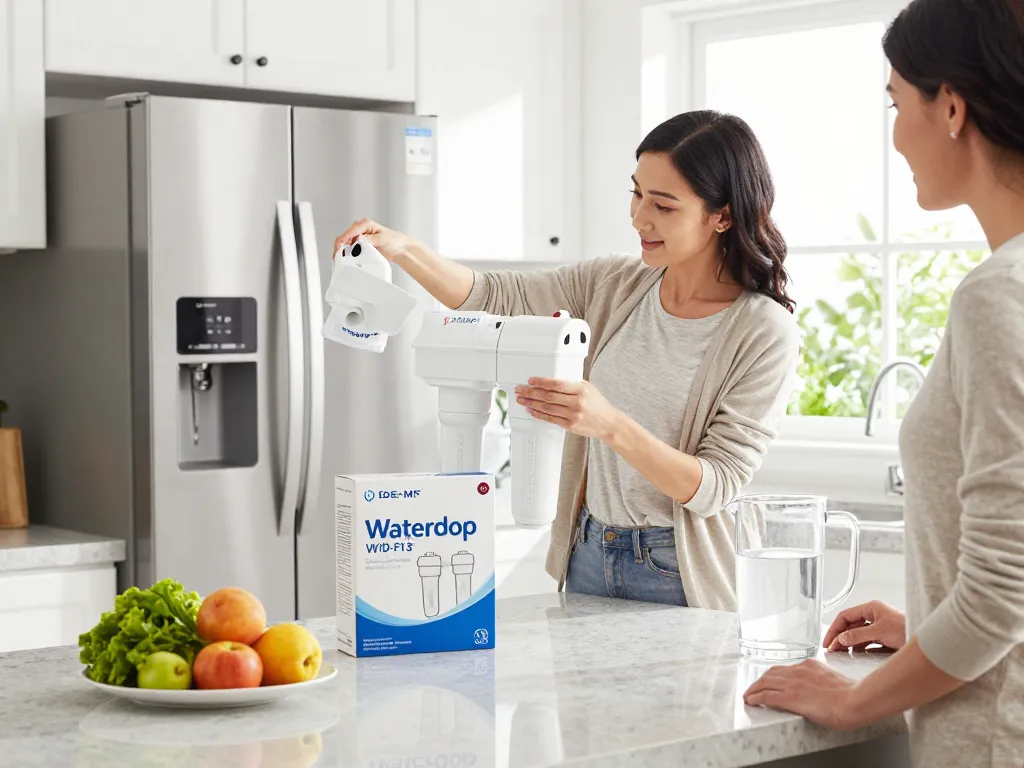 Homeowner installing Waterdrop WD-F13 Replacement for GE® MWF® Water Filter in modern kitchen, ensuring fresh water.