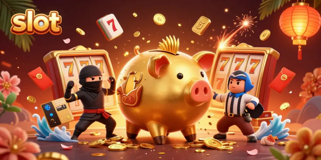 Engaging scene of a slot-themed sumo wrestler and ninja duo with vivid gambling elements.