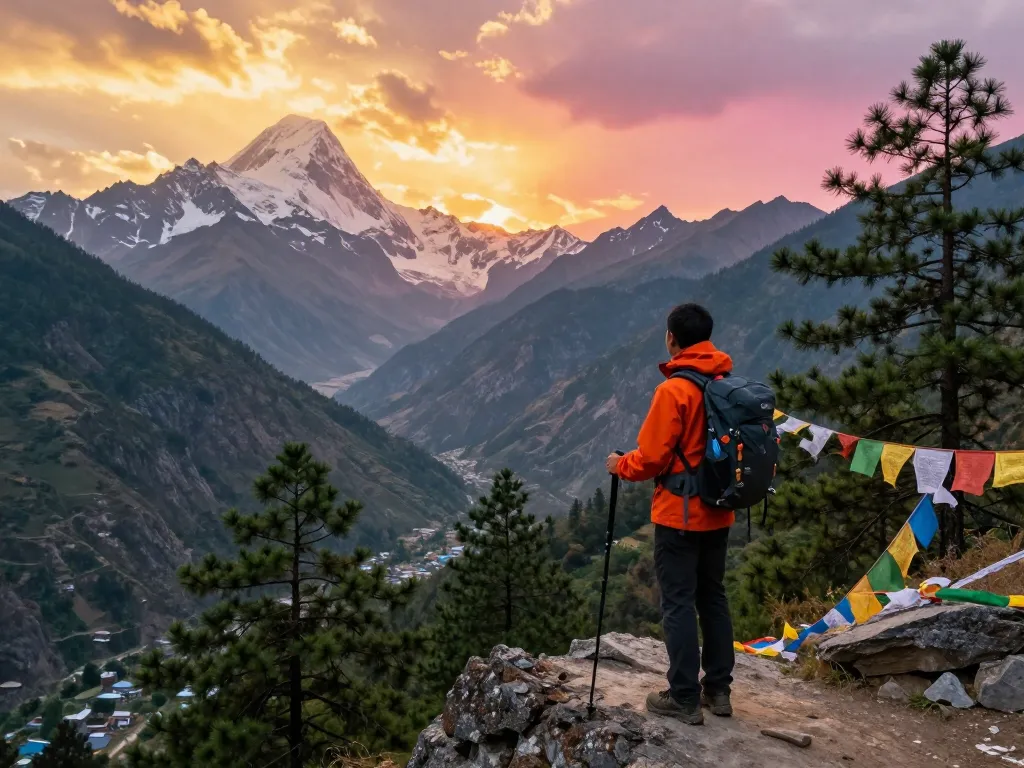 An inspired traveler enjoying the breathtaking view during Annapurna Circuit trekking adventure.