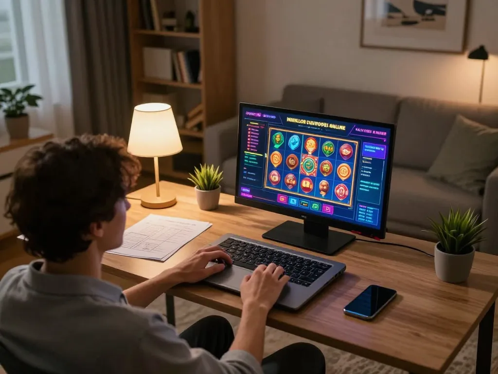 Engaged player enjoys game experience at migliori casino europei online, showcasing vibrant slot interface and cozy home setup.