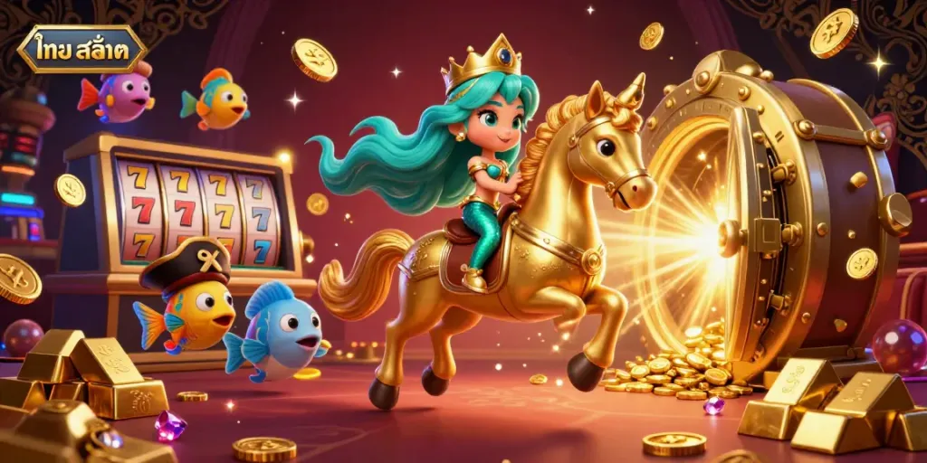 Experience the excitement of ไทย สล็อต with a vibrant casino scene featuring a mermaid princess and slot reels.