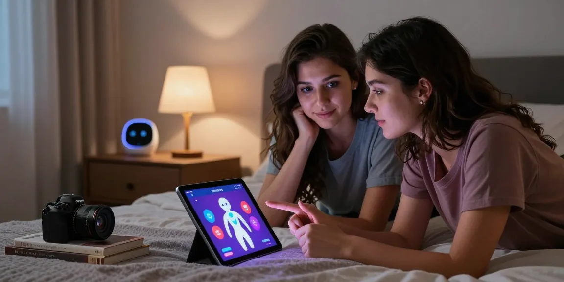 Couple exploring a sex bot interface together in a cozy bedroom setting, showcasing modern intimacy and technology.
