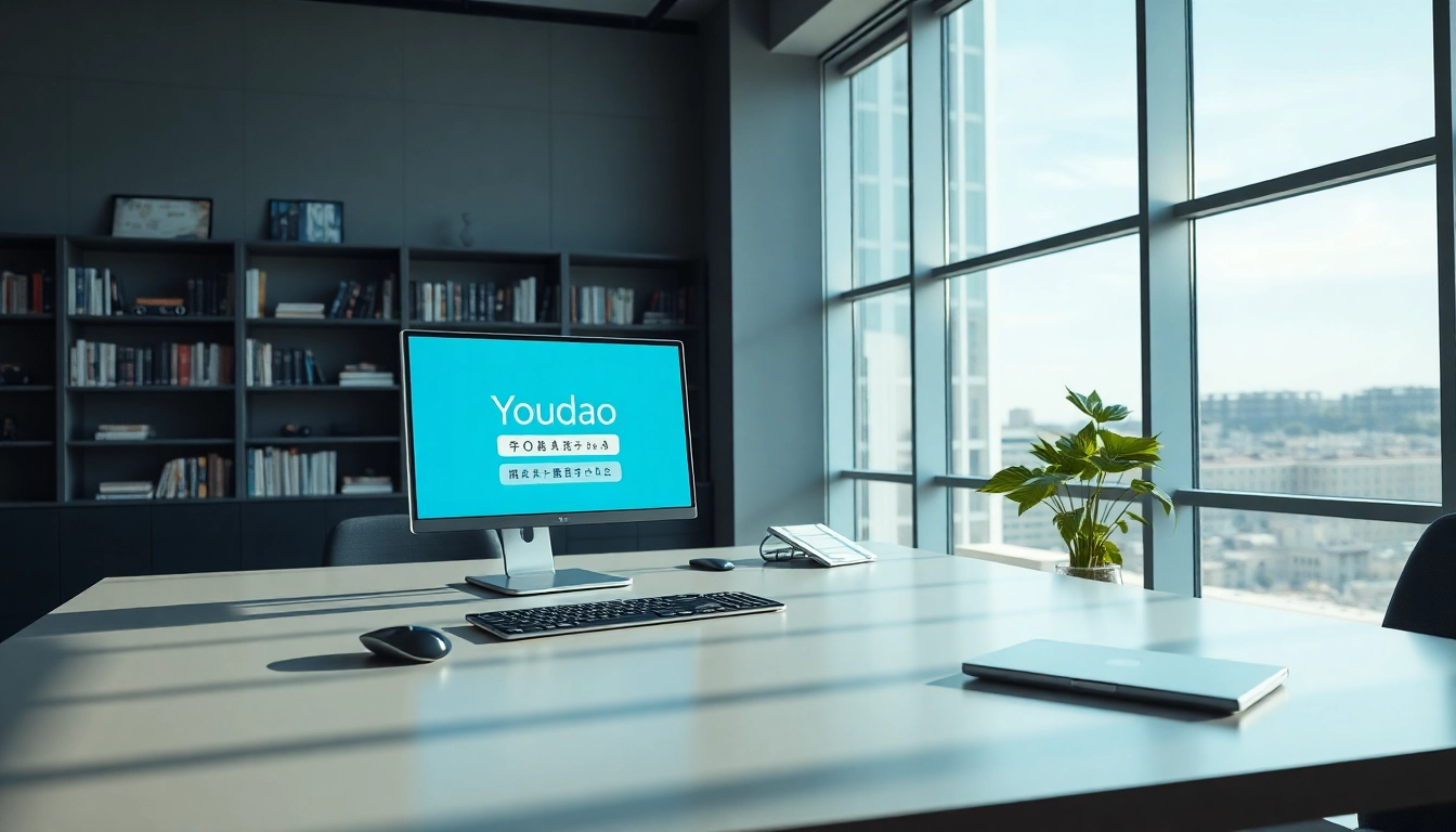 Youdao translation interface displayed in a modern workspace, symbolizing innovative language learning tools.