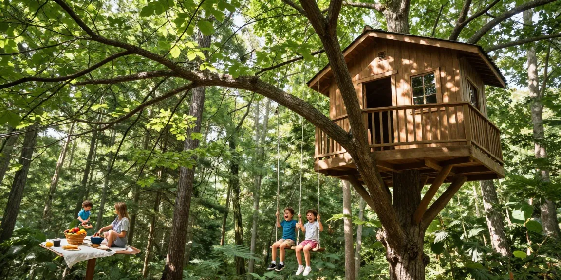 Family enjoying treehouses getaway with picnic in lush forest