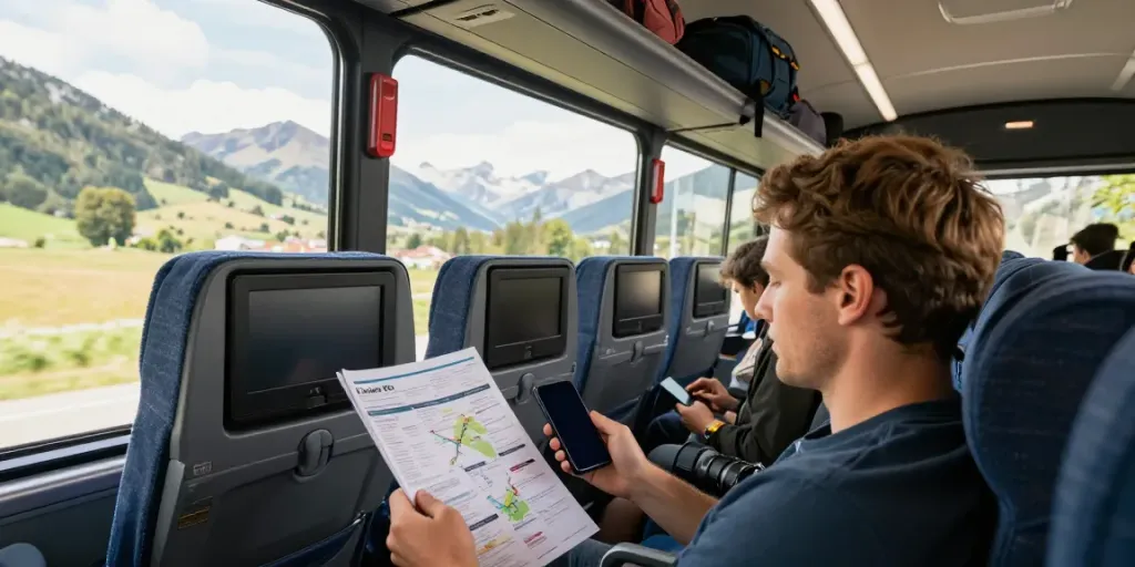 Transport rapid și sigur: Bilete autocar Moldova Europa în interiorul unui autocar modern, cu pasageri relaxați.