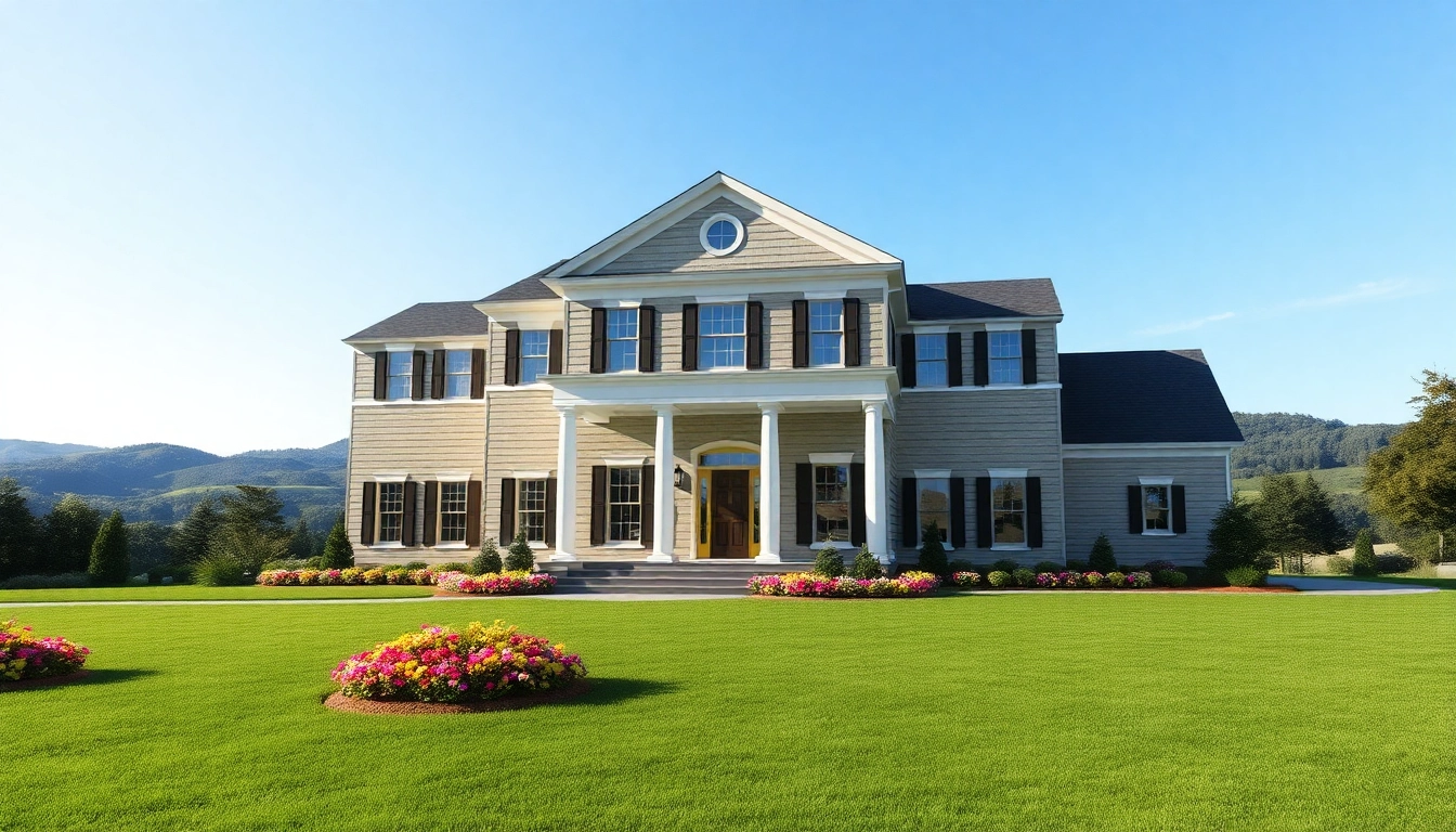 Showcasing the Sharon Custom Colonial New Build surrounded by a manicured lawn and rolling hills.