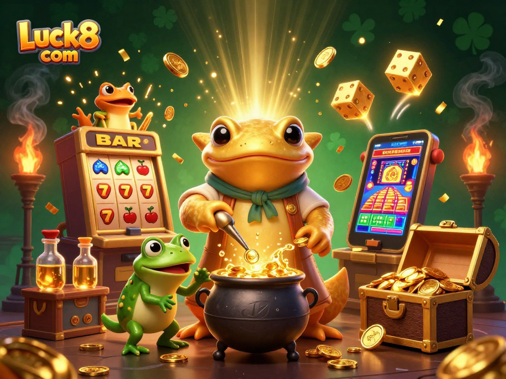 Experience thrilling gameplay at Luck8 com with an alchemist and animated slot machine in a dazzling casino scene.