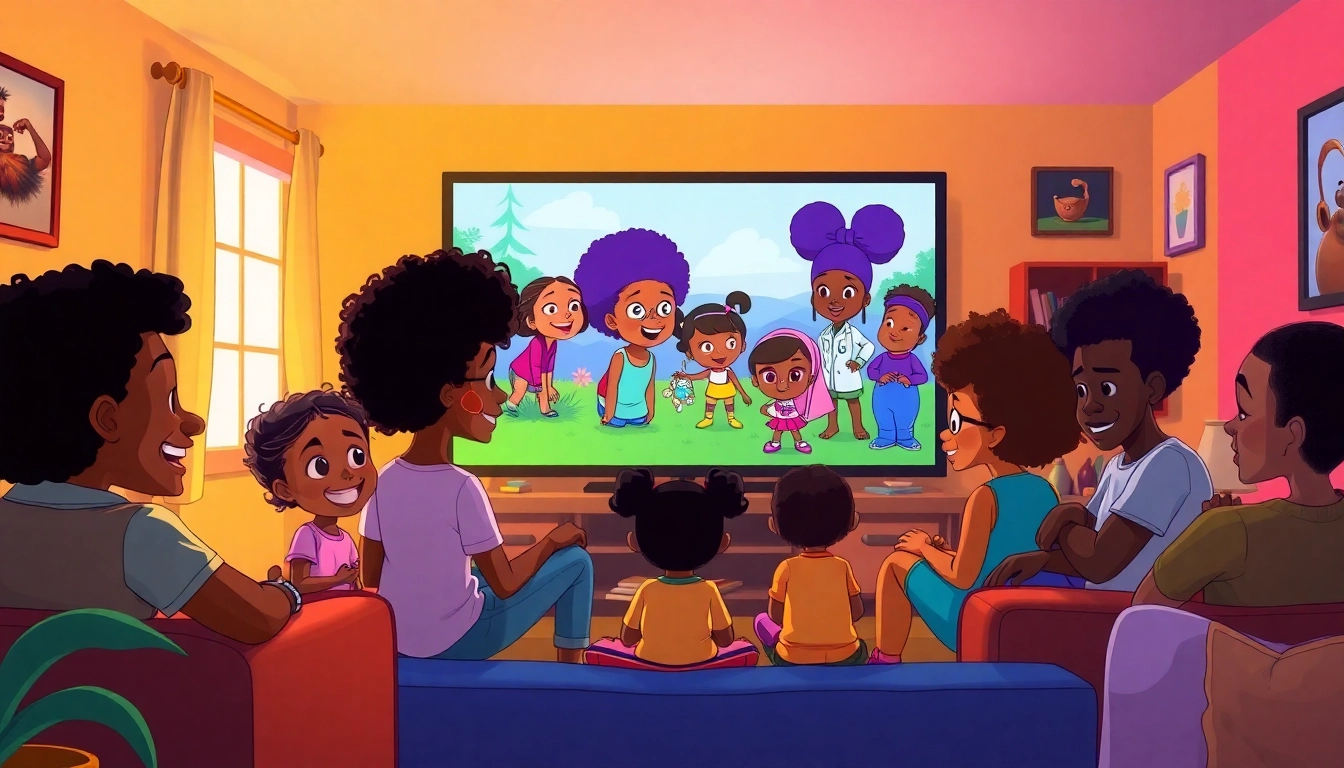 A family enjoys African American Cartoons in a cozy living room, showcasing diverse animated characters.