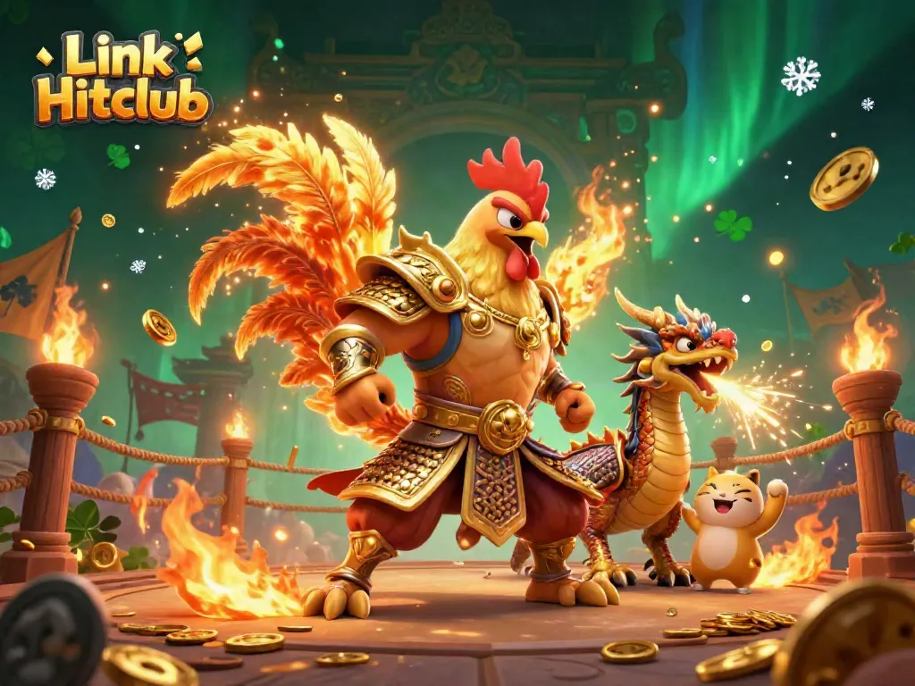Experience the thrill of Link Hitclub with a dynamic 3D illustration featuring heroic characters and casino elements.