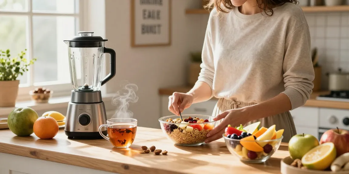 Nutritional breakfast preparation scene featuring rokok88 lifestyle, showcasing vibrant fruits, grains, and tea.
