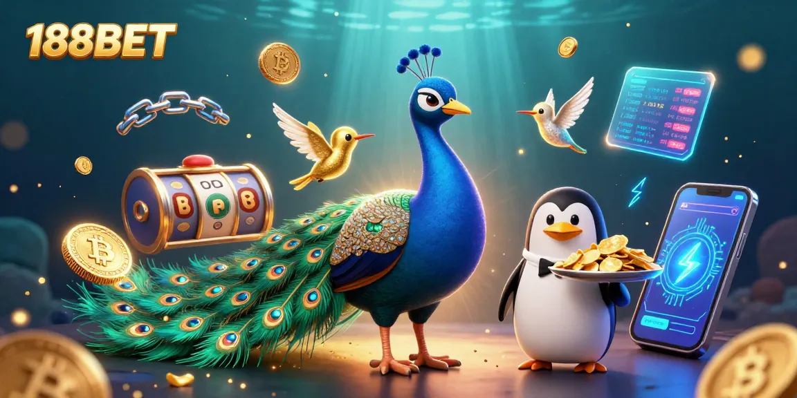 Win big at 188BET with an animated illustration of a peacock, penguin, and hummingbird themed around slots and crypto gaming.