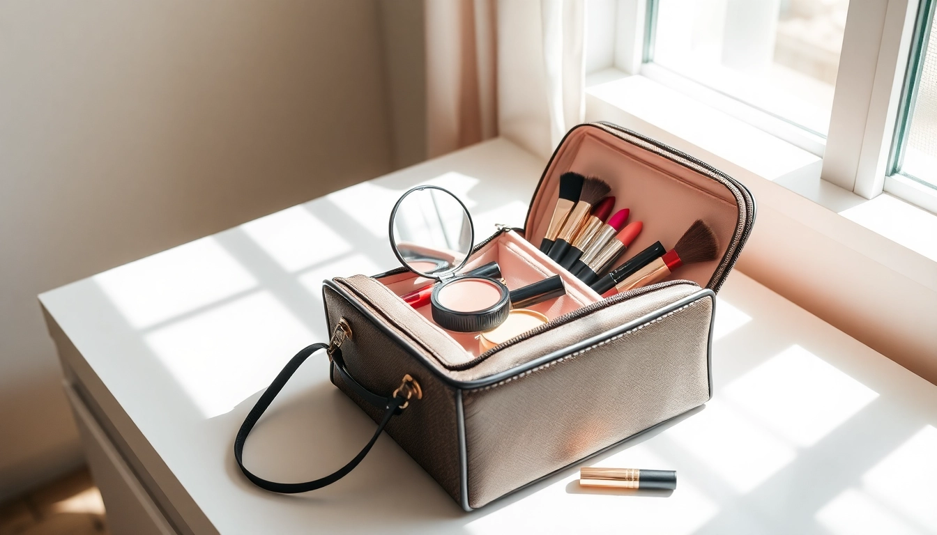 Showcase of skone cosmetics signature makeup bag with vibrant cosmetics artfully arranged.