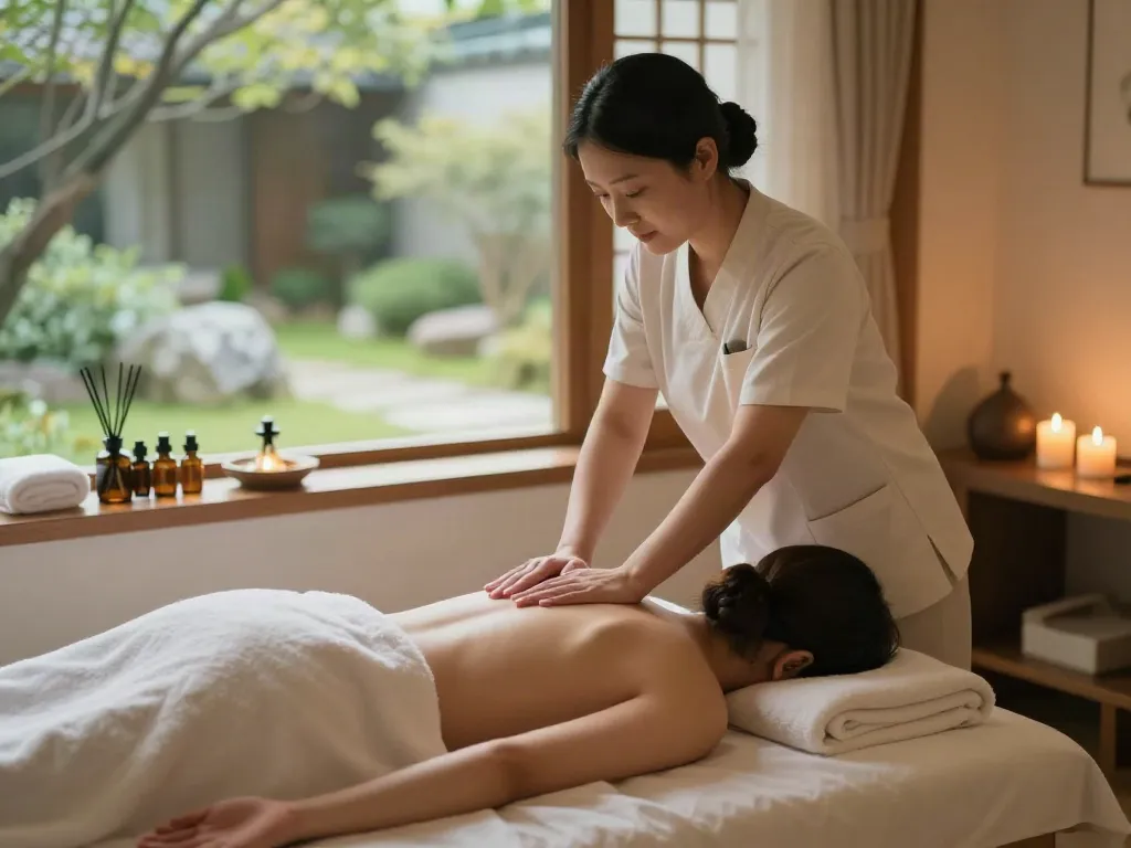 Indulging in a relaxing 노원출장마사지 in a serene spa setting, creating a calm atmosphere with scented oils and gentle lighting.