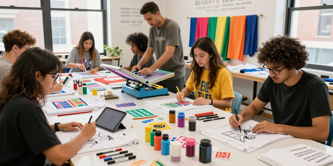 Creative workshop for t shirt printing with diverse group designing custom shirts in an inspiring urban setting.