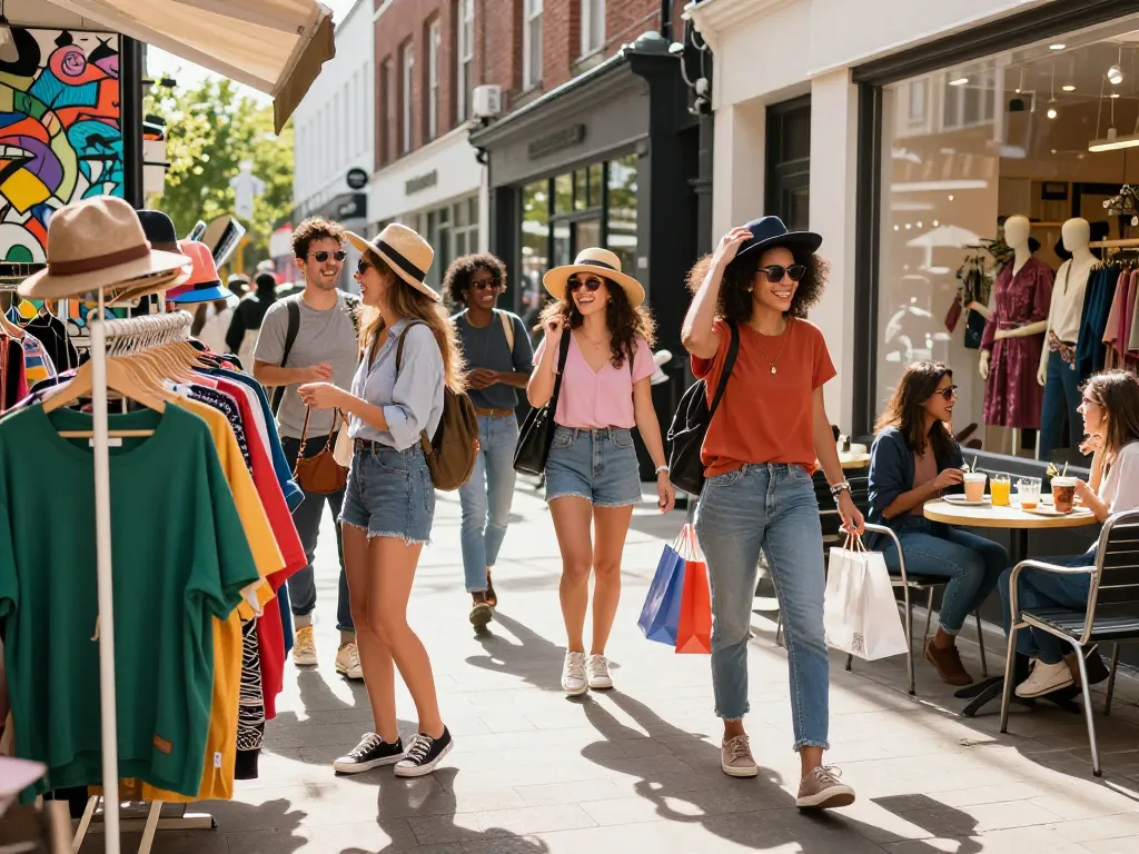 Friends enjoying a shopping day at trendy boutiques in an urban district, showcasing lively style and fashion trends, perfect for https://forumup.org/shop/search.php?ca_id=&addr1=&addr2=&addr3=&schKey