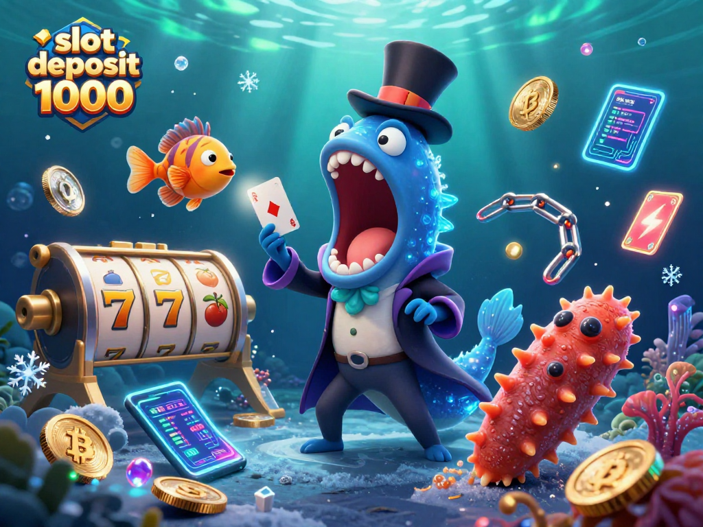 Menangkan slot deposit 1000 dengan gulper eel yang menunjukkan trik kartu dan elemen kasino yang menghiasi.