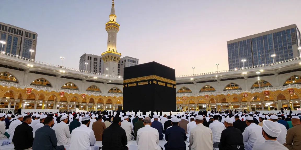 A beautiful scene capturing the essence of Umrah Ramadhan, where worshippers gather in Mecca's Grand Masjid, creating a profound travel experience.