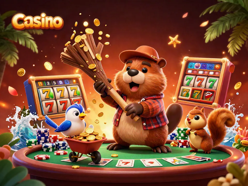 Experience the excitement of the casino with a cartoon beaver surrounded by coins, slots, and colorful poker elements.