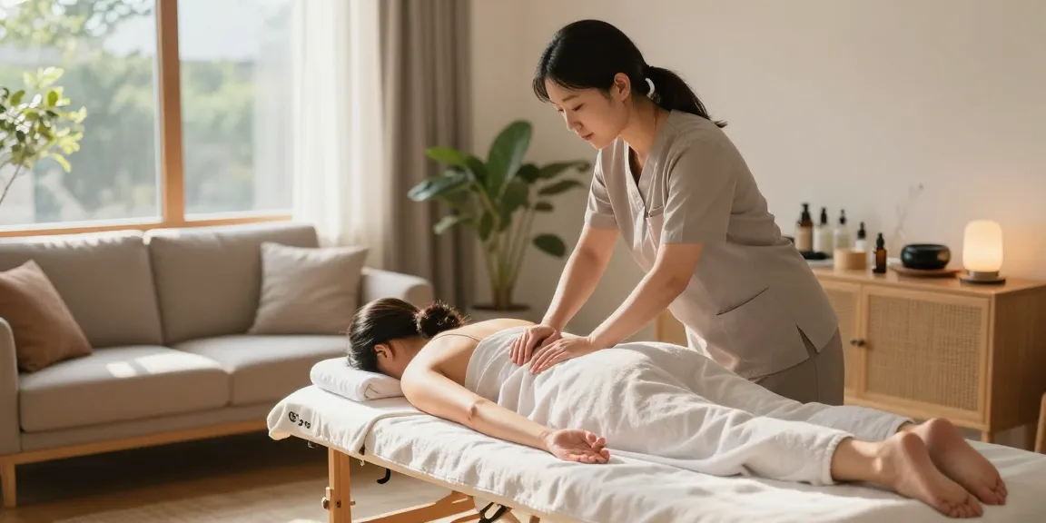 석남동출장안마을 받는 고객과 마사지 강사, 아늑한 거실에서 편안한 분위기