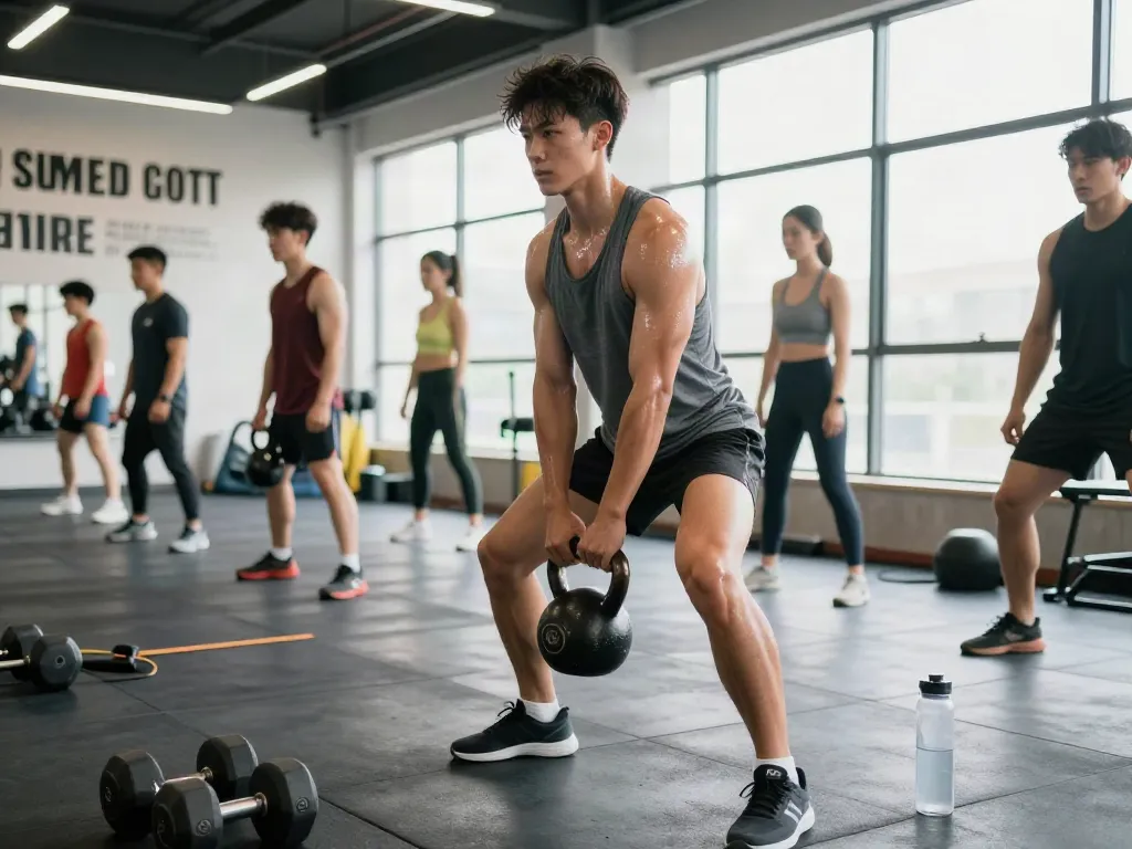 An athlete engaged in intense workout using kettlebells in a modern gym, showcasing the benefits of anabolizzanti online for improved performance.