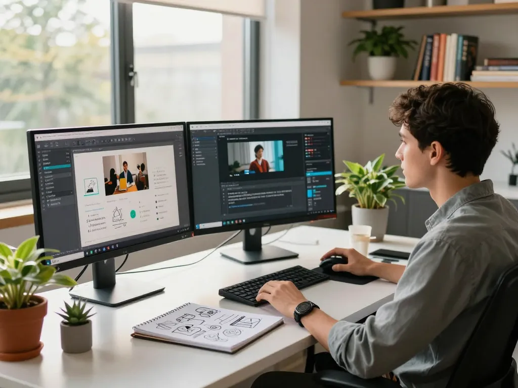 Generating image to prompt ai in a modern digital workspace with multiple screens and vibrant plants.