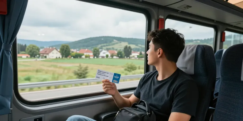 Un călător cu bilete autocar Moldova Europa, relaxat într-un autobuz modern, admirând peisajul european din fereastră.