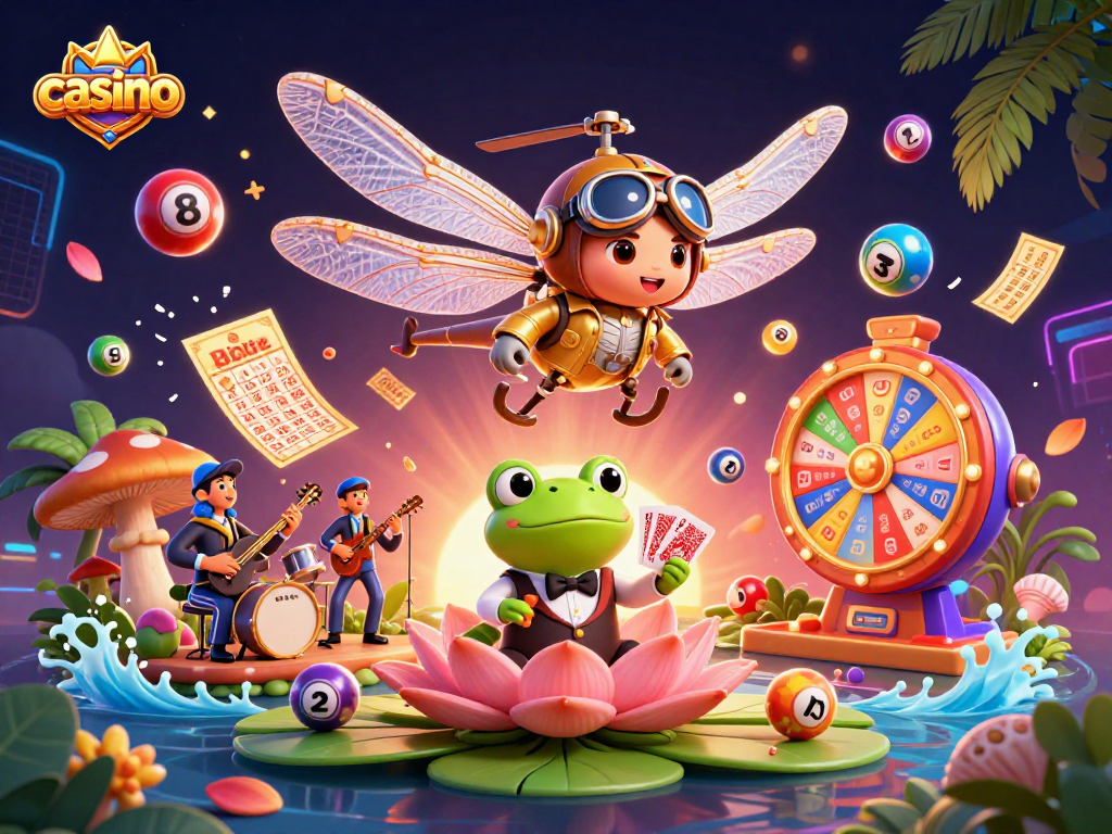 Experience the vibrant casino atmosphere with a cartoon dragonfly pilot and frog croupier dealing cards.