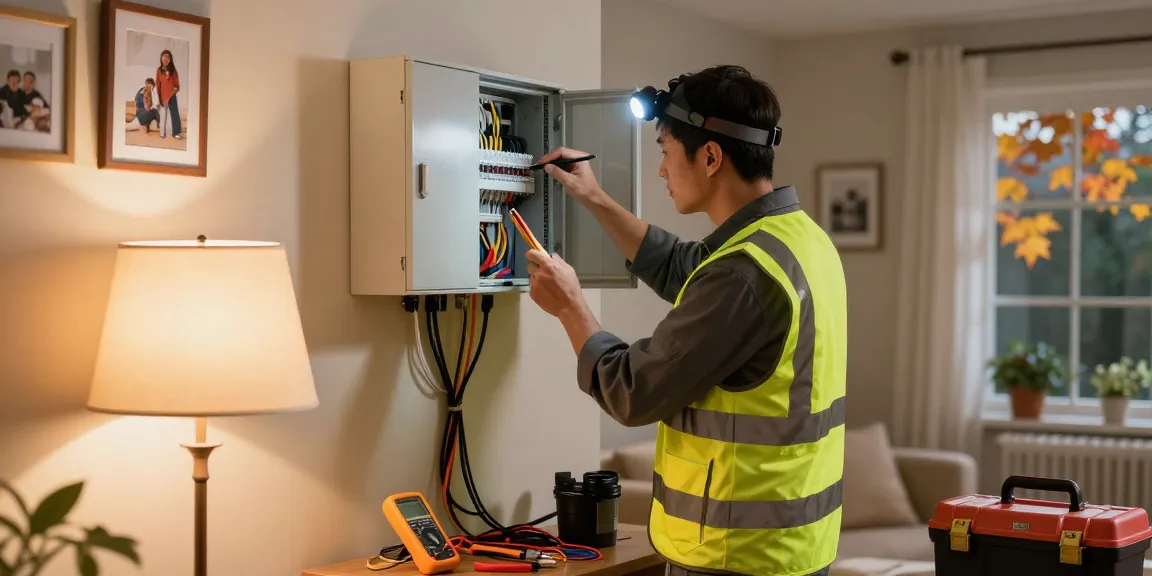 Electrician providing 24/7 electrical support in a cozy living room setting during evening