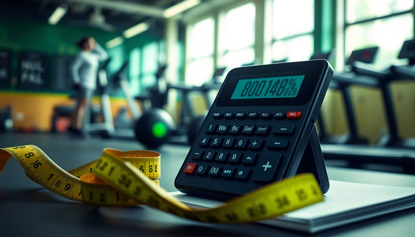 Calculate body fat percentage calculator metrics with gym equipment in a professional setting.