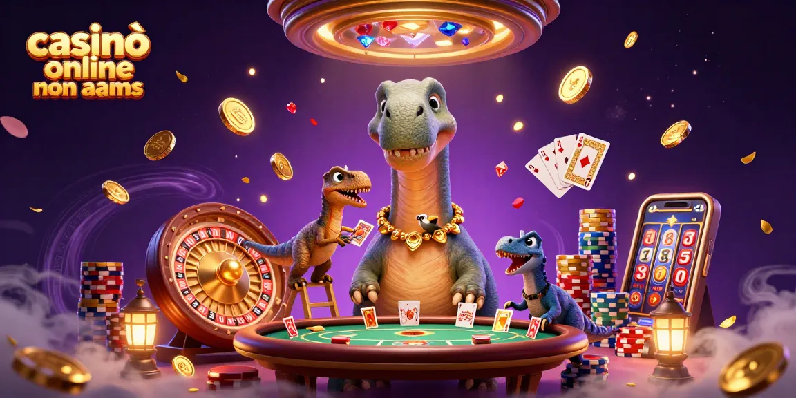 Esplora il casinò online non AAMS con un brontosauro che osserva il tavolo da poker mentre un raptor distribuisce carte.
