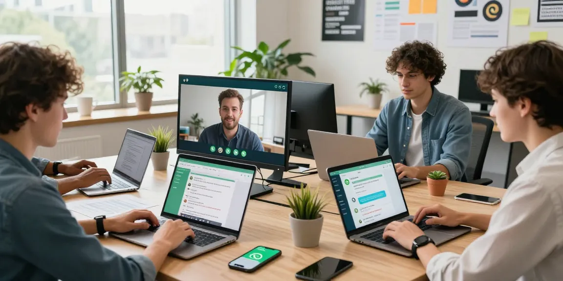 Young professionals using WhatsApp電腦版 in a modern office environment during a collaborative session.