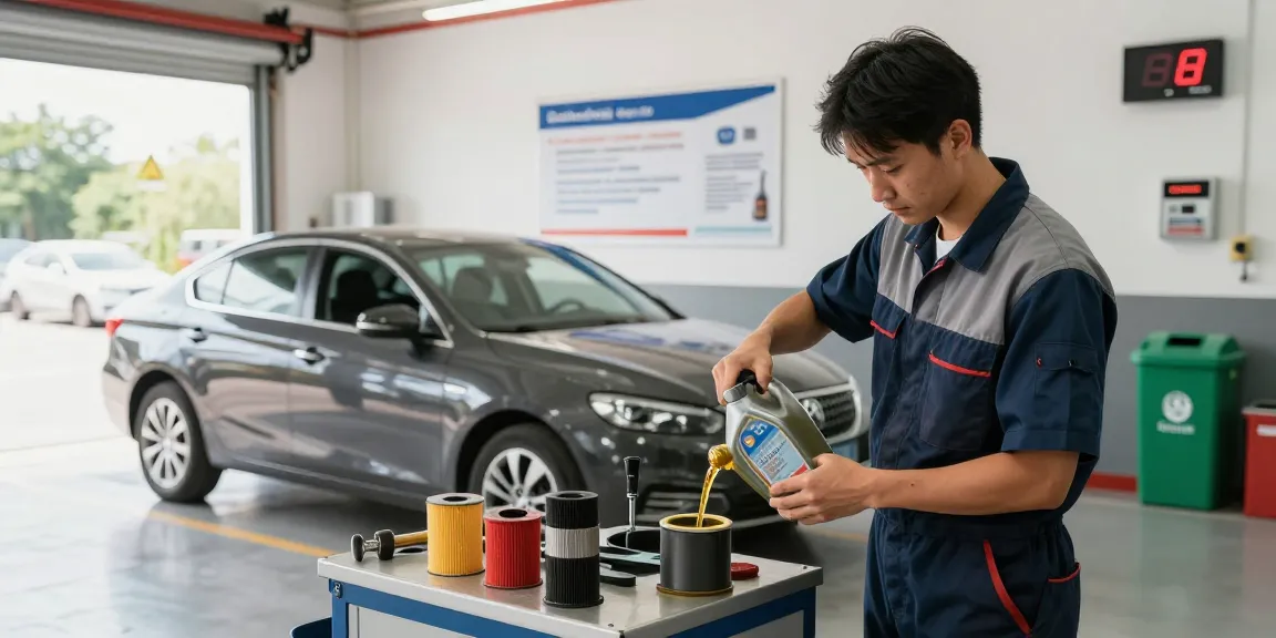 Quick oil change near me happening at a busy automotive service station with a mechanic pouring fresh oil.