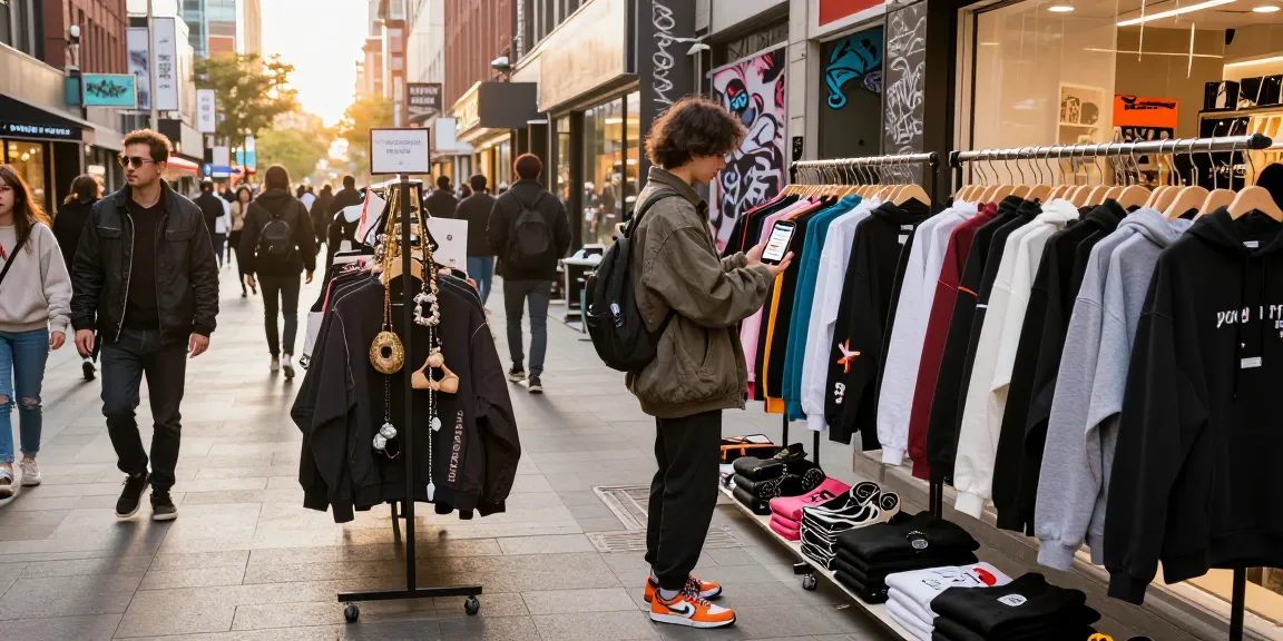 Shopping experience at a 레플리카 쇼핑몰 featuring trendy replica fashion items in an urban boutique.