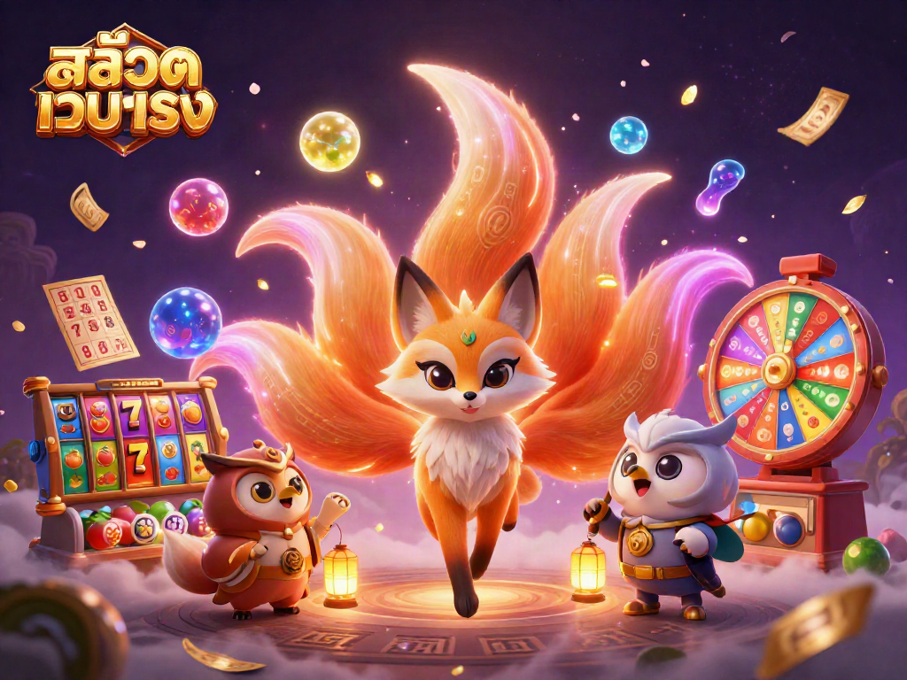 Experience สล็อตเว็บตรง with a vibrant scene of colorful slot reels and a magical fox spirit.