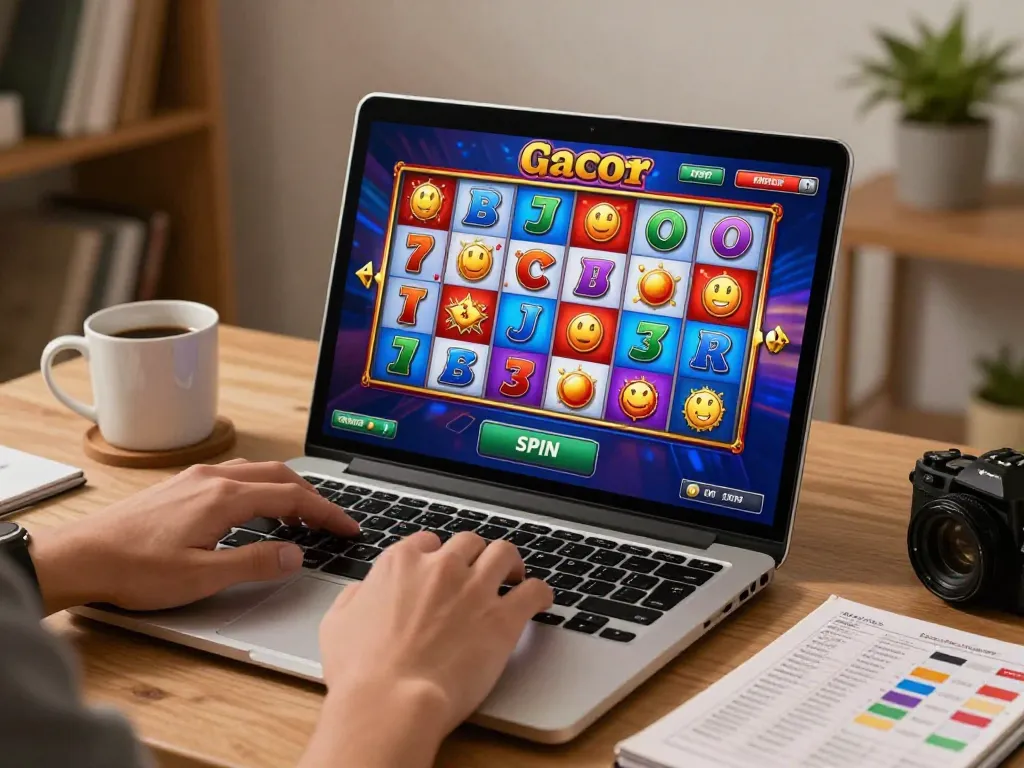 Engaging online slot gacor gameplay as player presses the spin button at home.