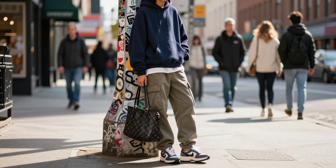 Trendy urban outfit showcasing 레플리카 street fashion against vibrant city backdrop.