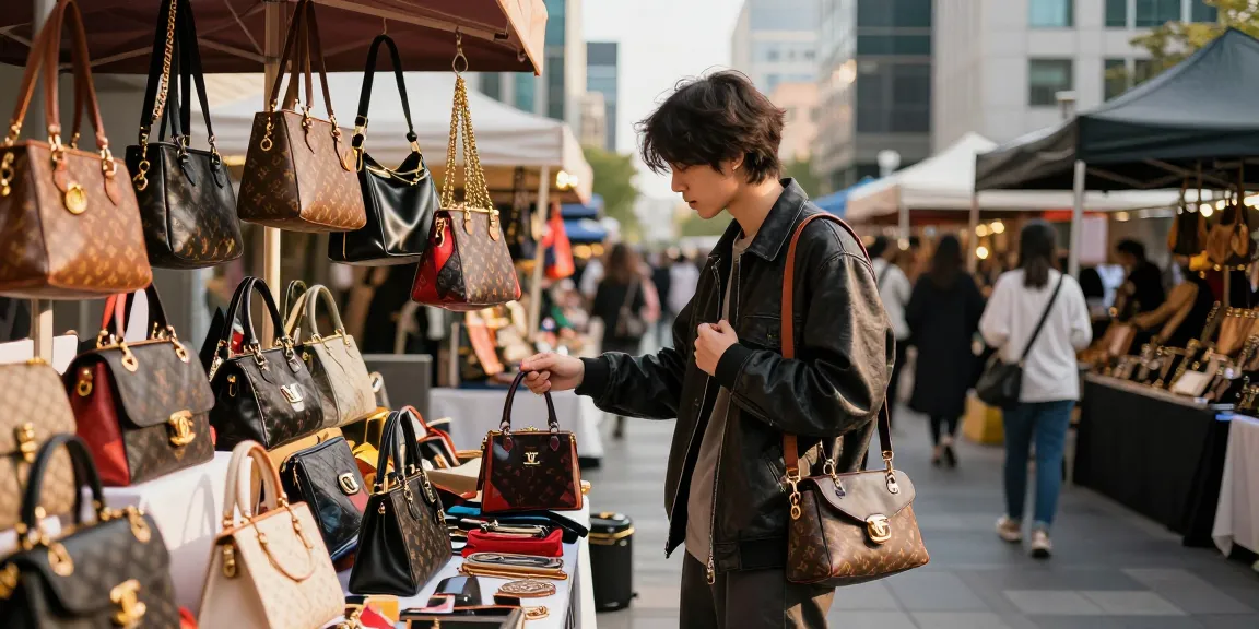 Engaging street market scene featuring a fashionable individual exploring premium 레플리카 사이트 products.