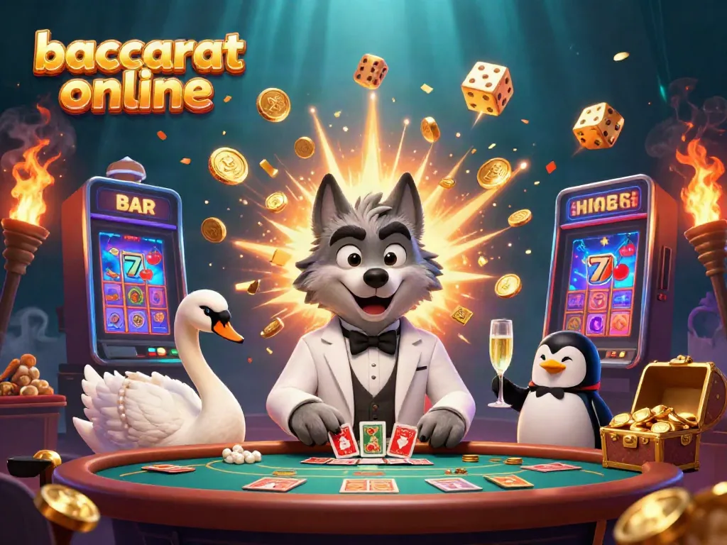 Experience baccarat online with a charming scene featuring an elegant wolf, swan, and penguin surrounded by vibrant casino elements.
