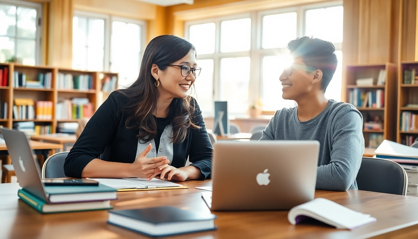 Engaging scene of TOEFL expert help, a dedicated educator supporting a student in a bright classroom.