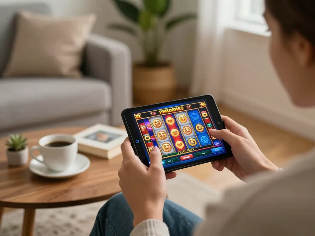 Engaging in 92slot mobile casino app gaming in a cozy setting.