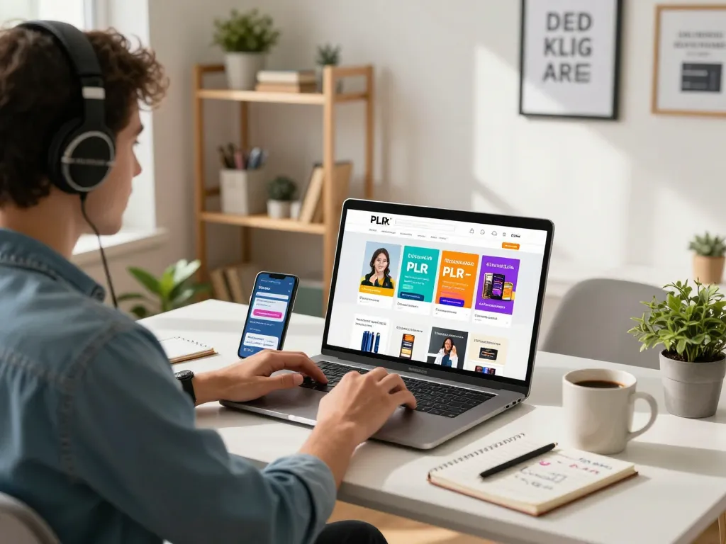 Buy PLR Products Online in a vibrant home office showcasing digital products on a laptop with engaging workspace.